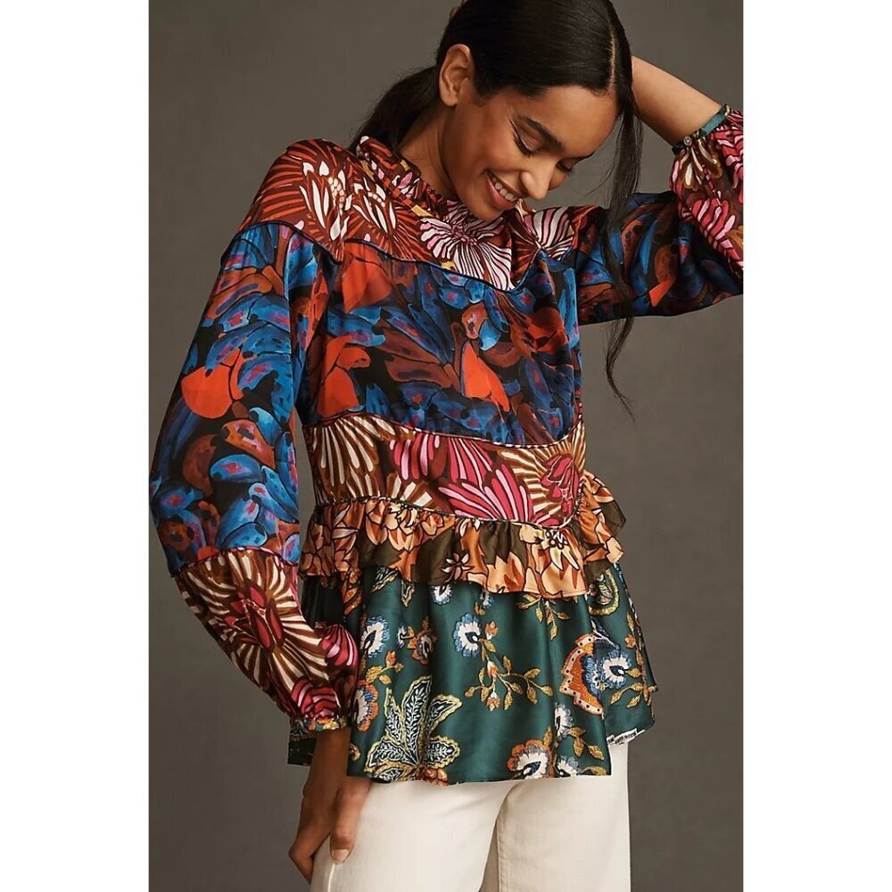 NEW Farm Rio Long Sleeve Printed Tiered Blouse Size S Colorful Tropical Vibrant